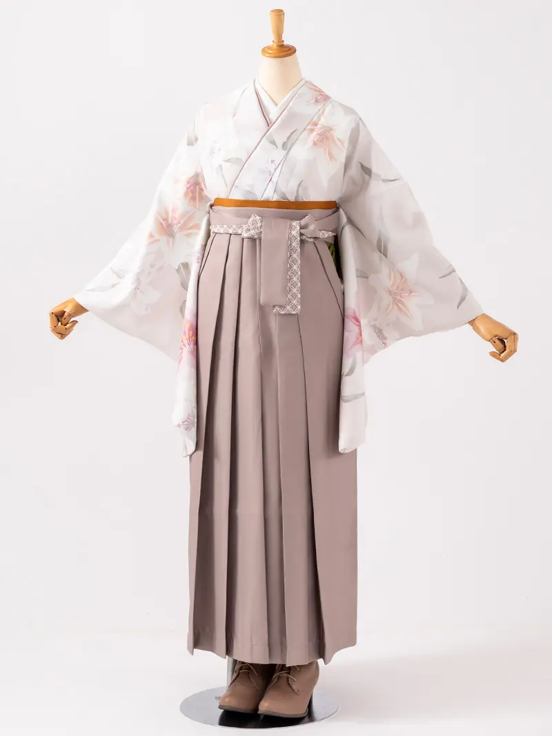 卒業袴 二尺袖 0711  「クリーム地に百合」レースプリント袴グレージュ
