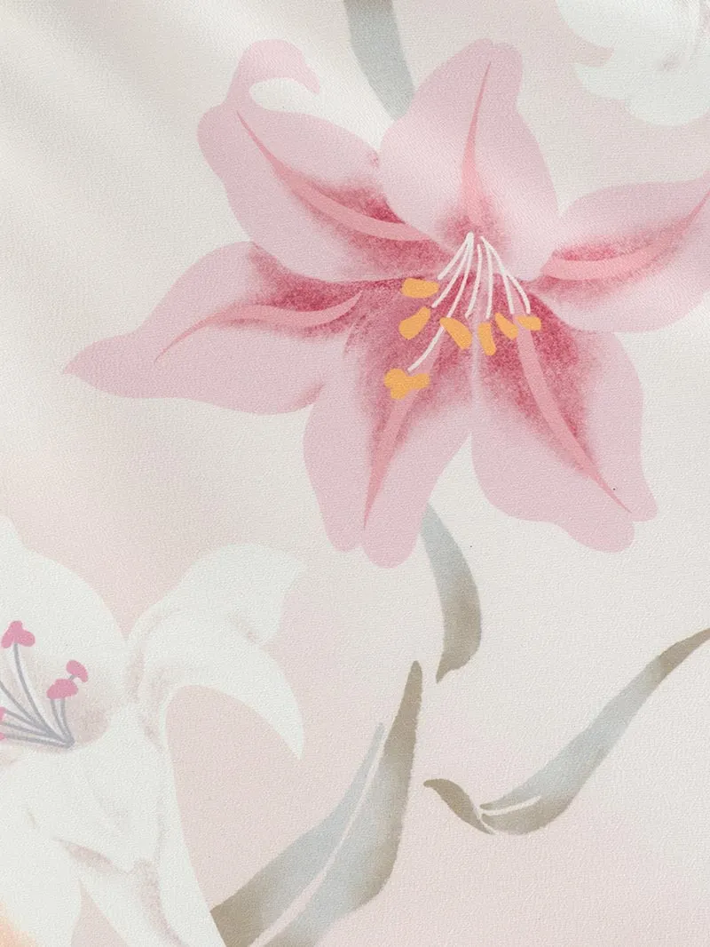 卒業袴 二尺袖 0711  「クリーム地に百合」レースプリント袴グレージュ