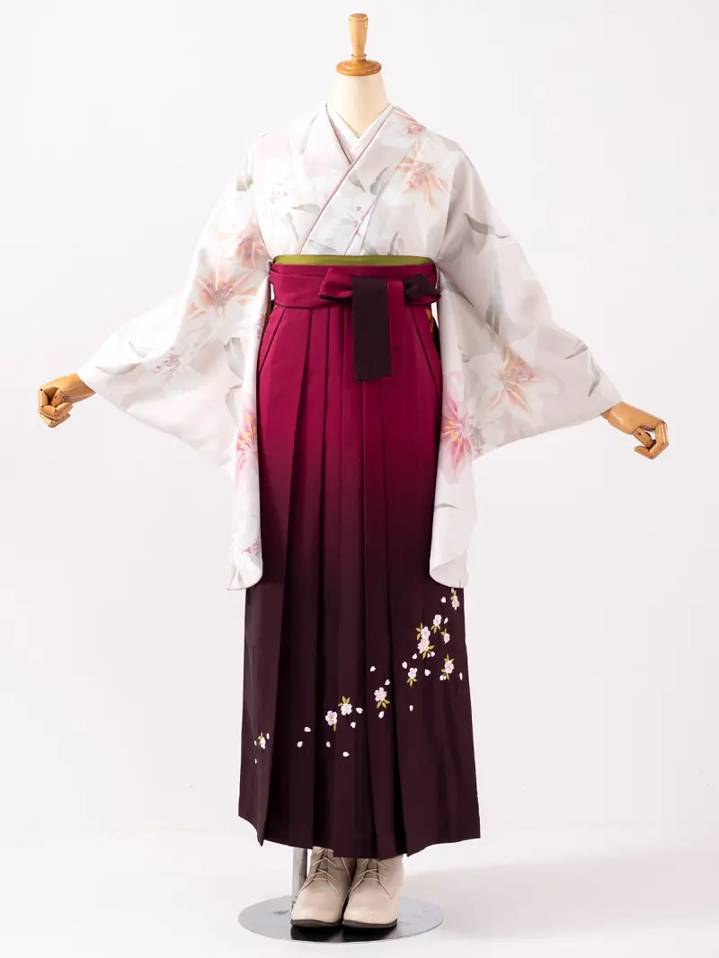 卒業袴 二尺袖 0712  「クリーム地に百合」ボカシ刺繍袴エンジ