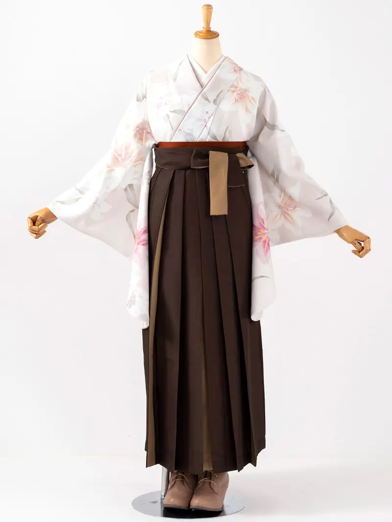 卒業袴 二尺袖 0713  「クリーム地に百合」バイカラー袴ブラウン