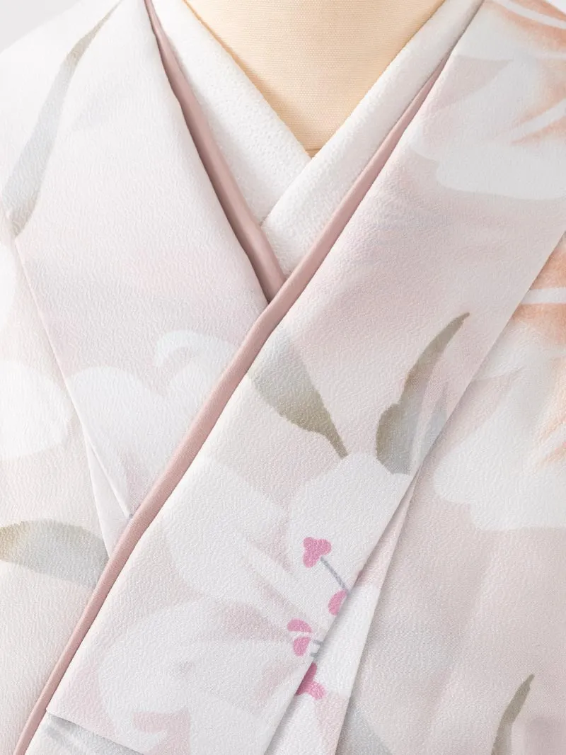 卒業袴 二尺袖 0713  「クリーム地に百合」バイカラー袴ブラウン