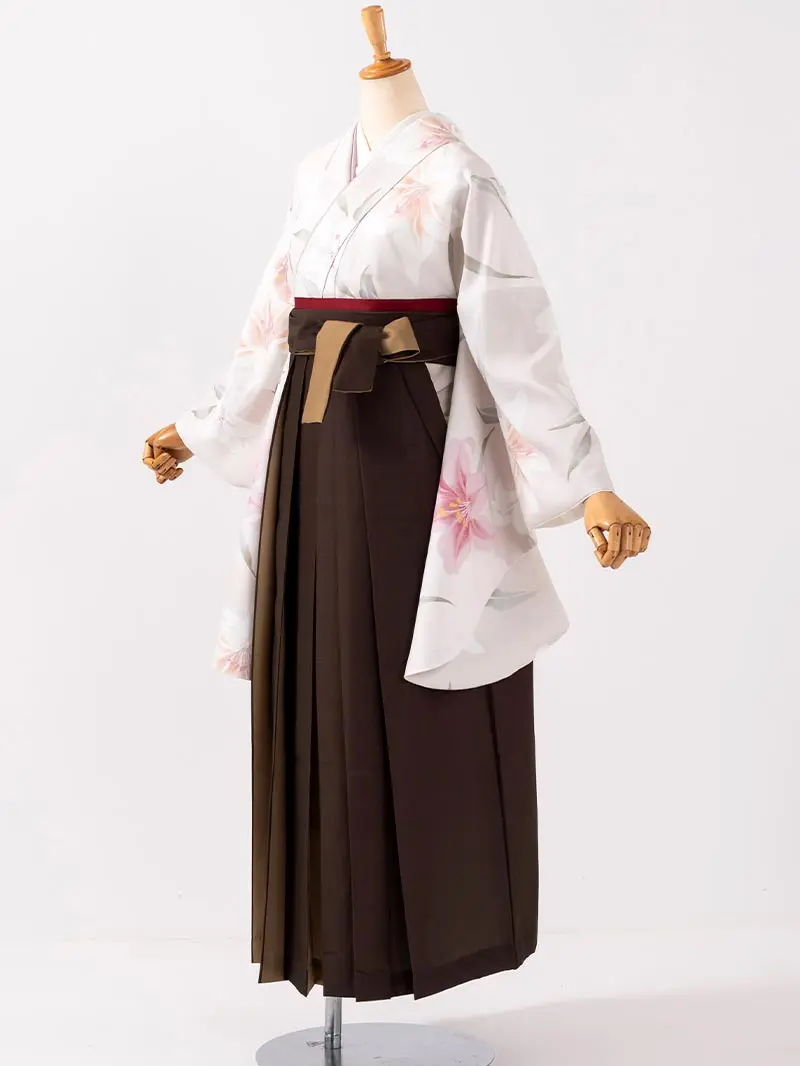 卒業袴 二尺袖 0713  「クリーム地に百合」バイカラー袴ブラウン