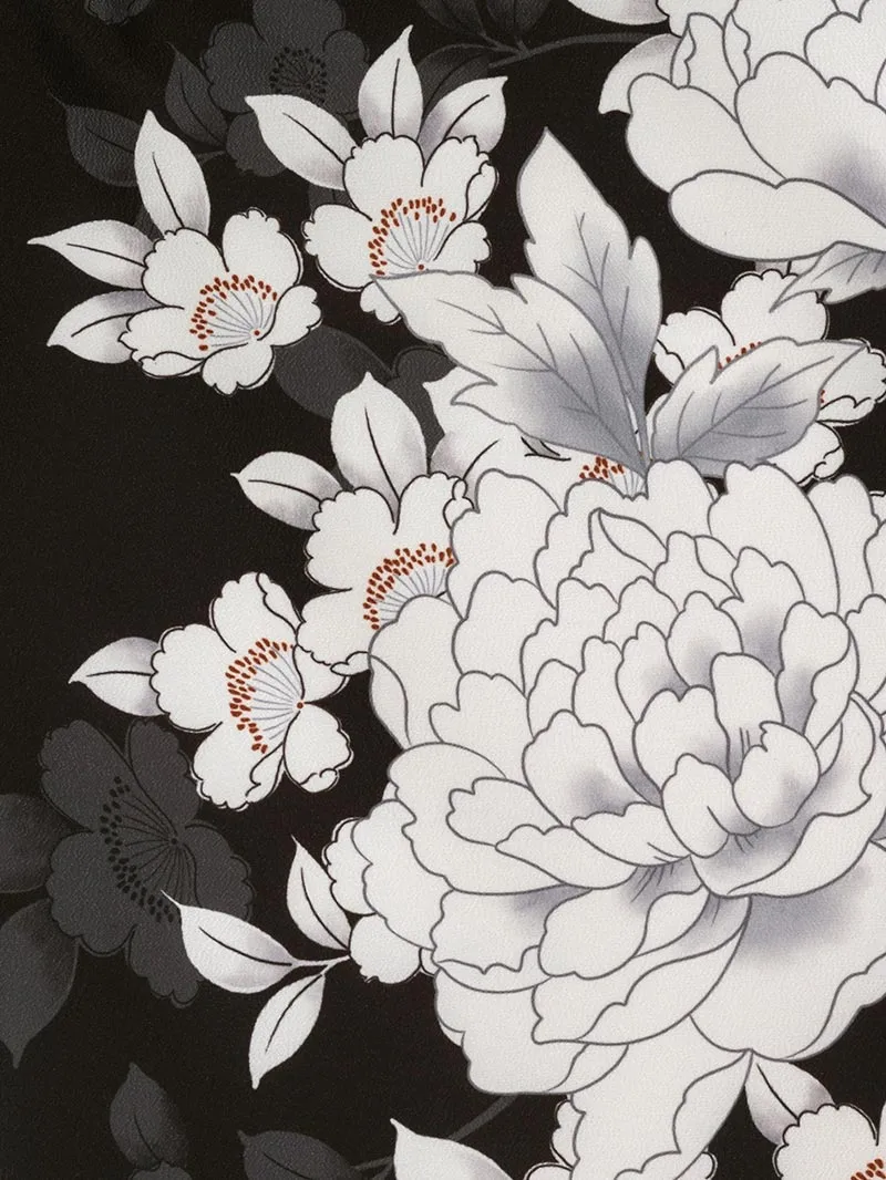 卒業袴 二尺袖 0714  「黒地に牡丹」レースプリント袴グレージュ