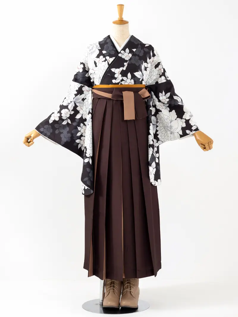 卒業袴 二尺袖 0715  「黒地に牡丹」バイカラー袴ブラウン