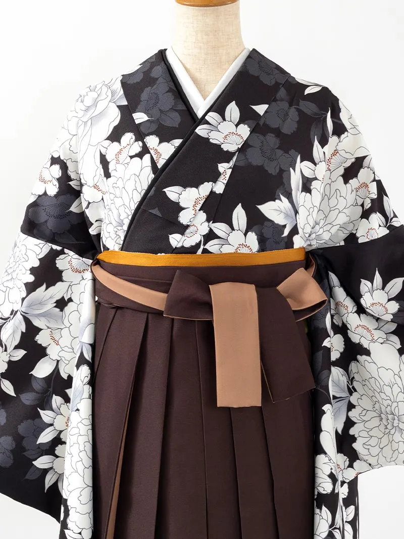 卒業袴 二尺袖 0715  「黒地に牡丹」バイカラー袴ブラウン