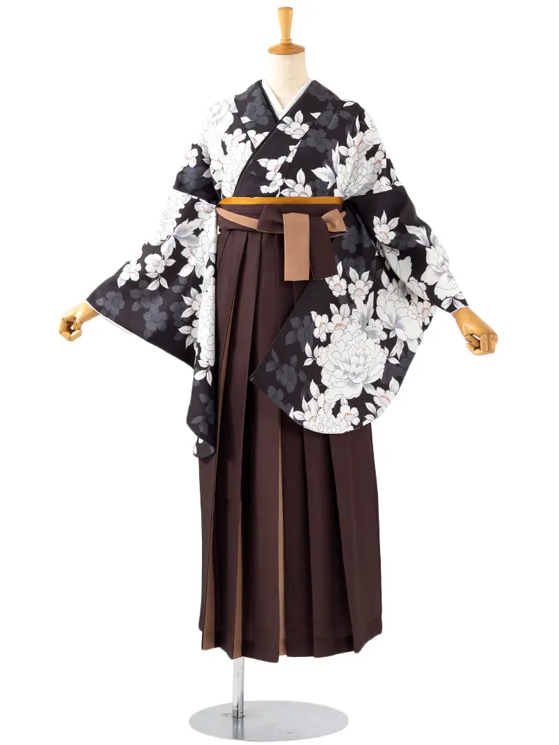 卒業袴 二尺袖 0715  「黒地に牡丹」バイカラー袴ブラウン