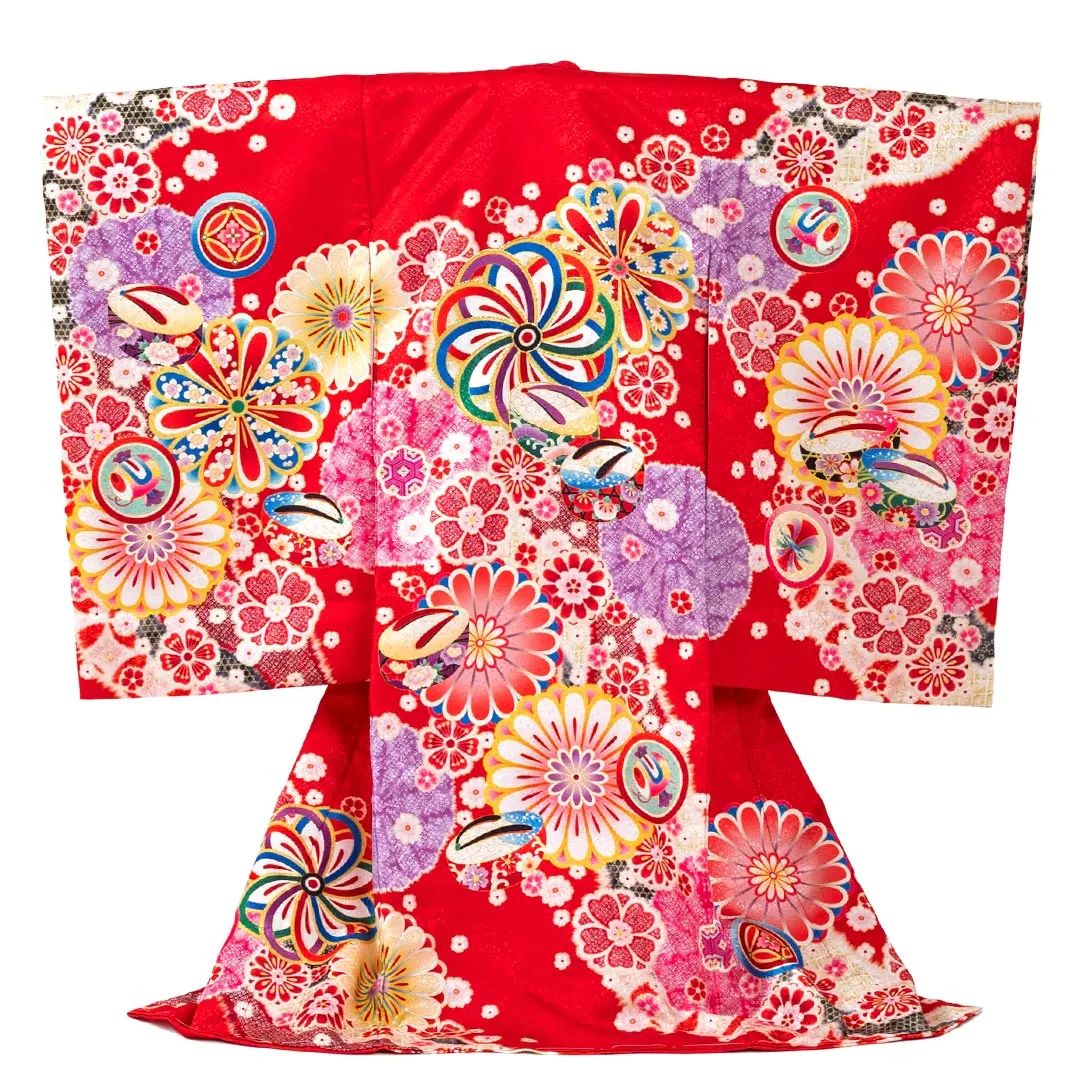 お宮参り 女の子 産着 レンタル 041 赤地 ねじ菊にこっぽり 吉祥花尽くし