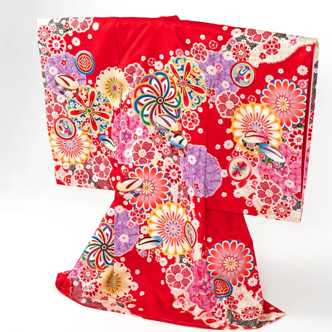 お宮参り 女の子 産着 レンタル 041 赤地 ねじ菊にこっぽり 吉祥花尽くし
