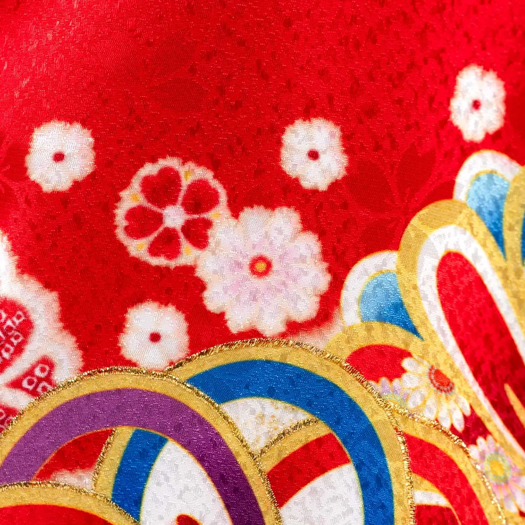 お宮参り 女の子 産着 レンタル 041 赤地 ねじ菊にこっぽり 吉祥花尽くし