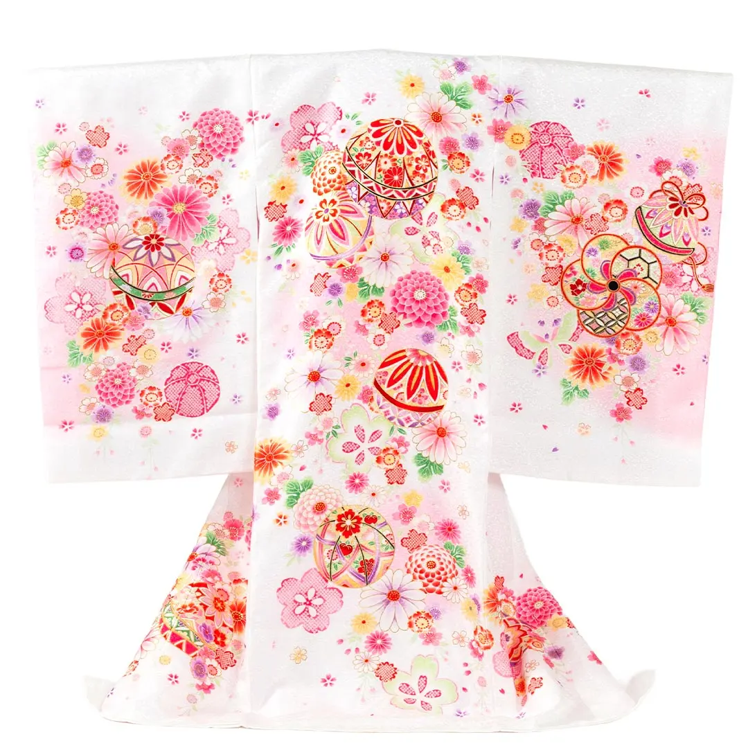 お宮参り 女の子 産着 レンタル 043 「白 鞠と花」 女児