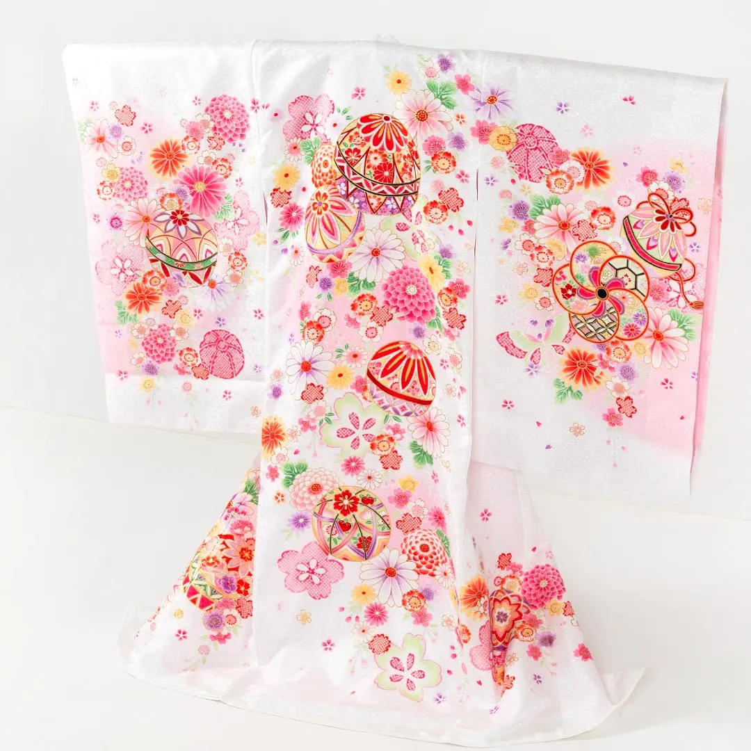 お宮参り 女の子 産着 レンタル 043 「白 鞠と花」 女児