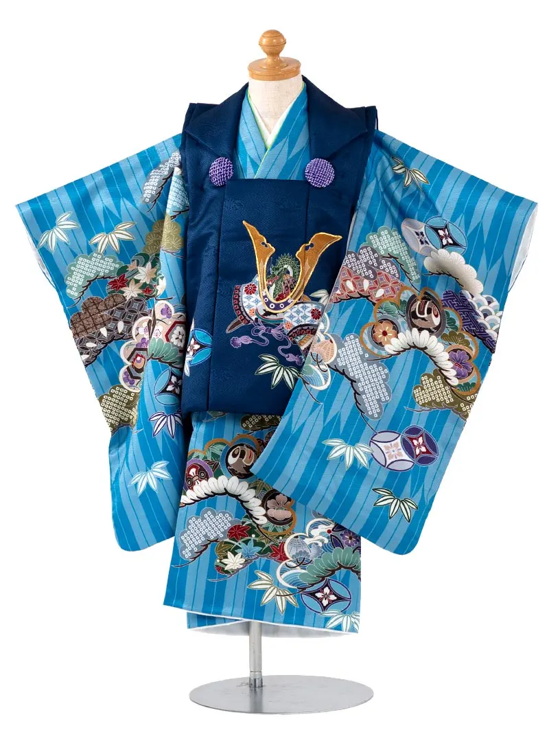 七五三 3歳男児被布 3340 矢絣に兜と龍 青