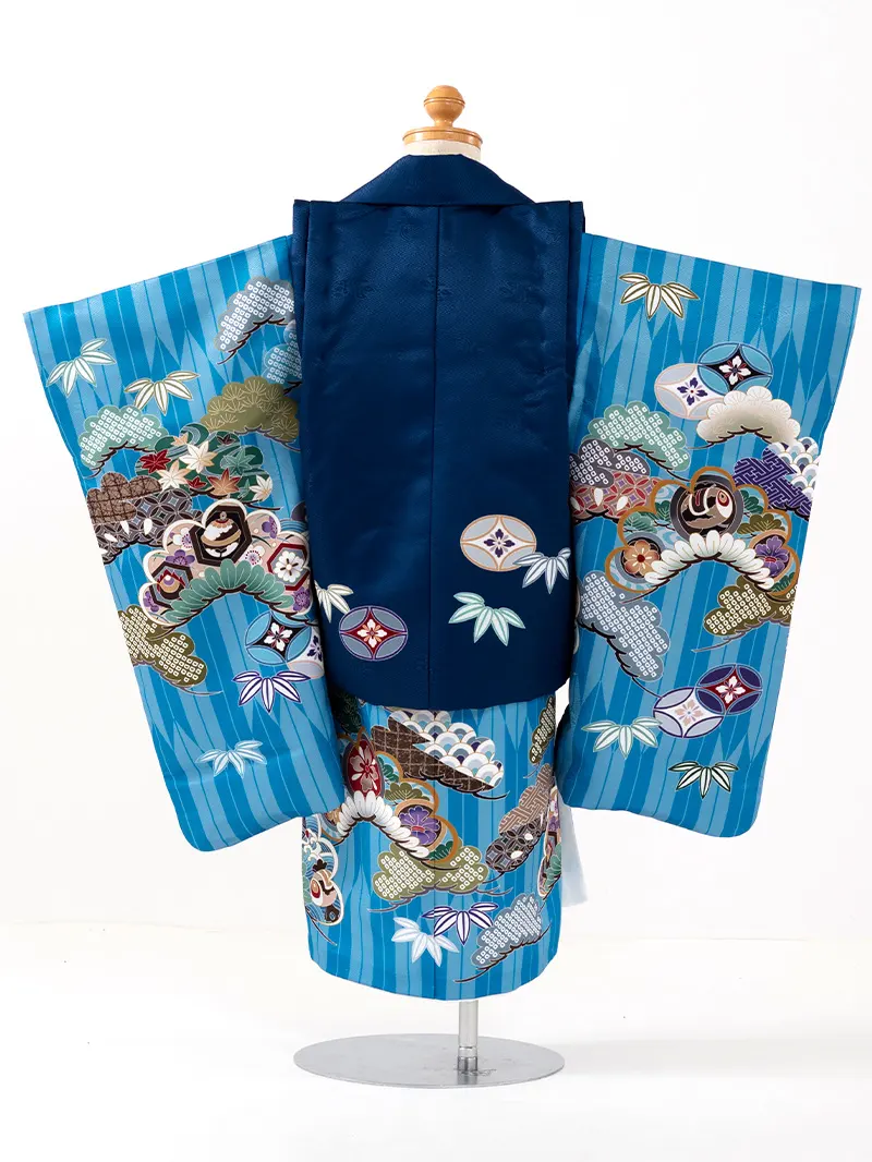 七五三 3歳男児被布 3340 矢絣に兜と龍 青