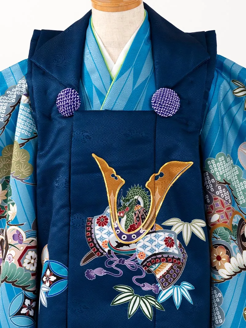 七五三 3歳男児被布 3340 矢絣に兜と龍 青