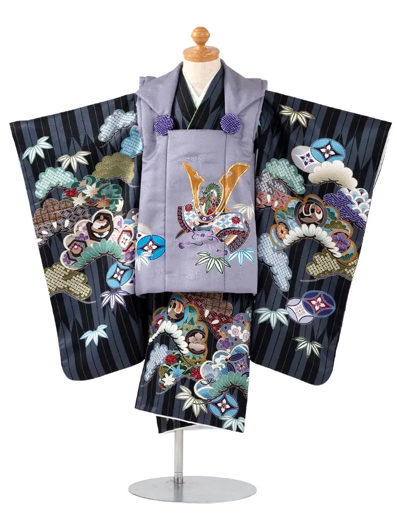 七五三 3歳男児被布 3341 矢絣に兜と龍 黒