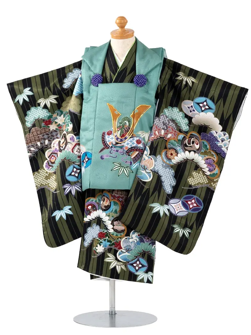 七五三 3歳男児被布 3342 矢絣に兜と龍 緑