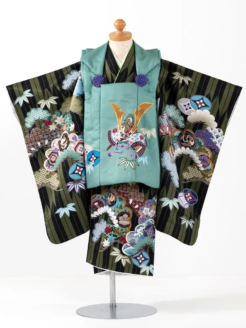 七五三 3歳男児被布 3342 矢絣に兜と龍 緑