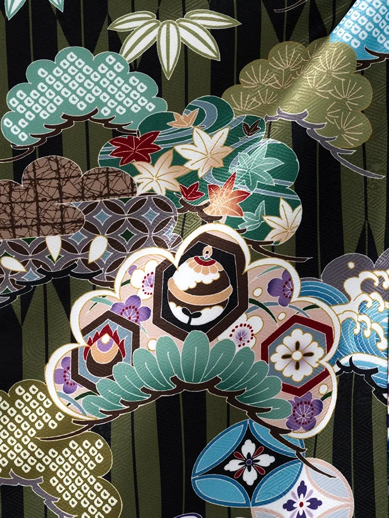 七五三 3歳男児被布 3342 矢絣に兜と龍 緑