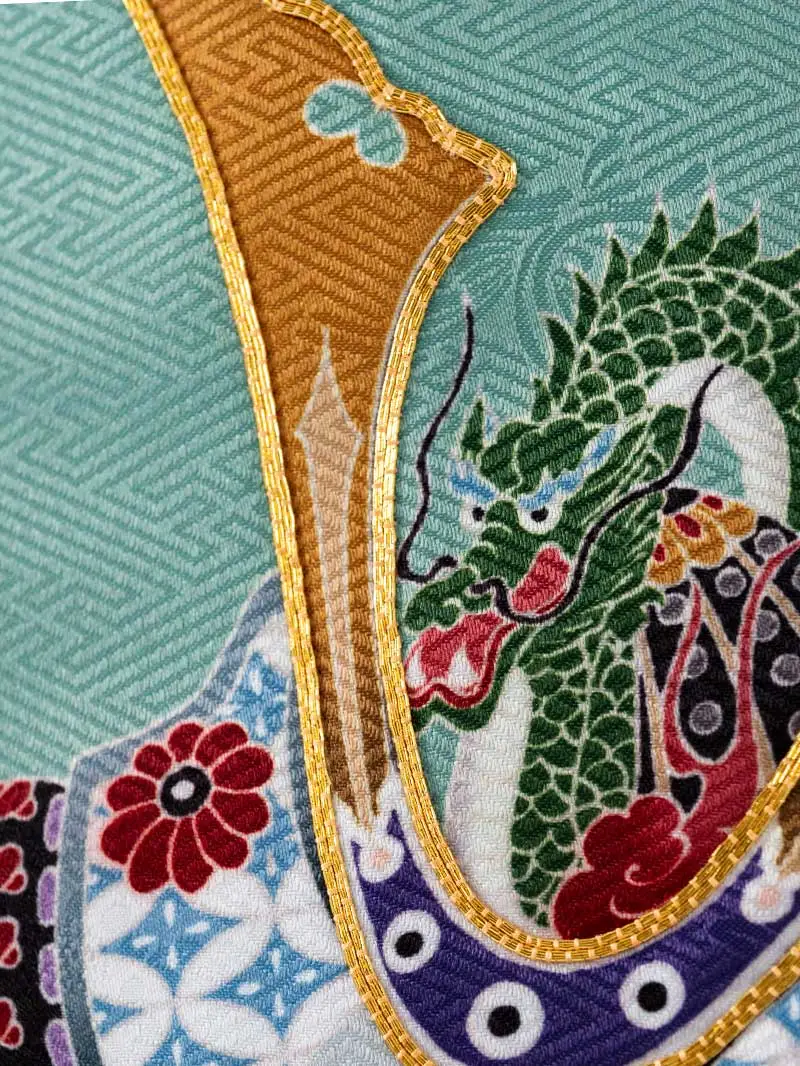 七五三 3歳男児被布 3342 矢絣に兜と龍 緑