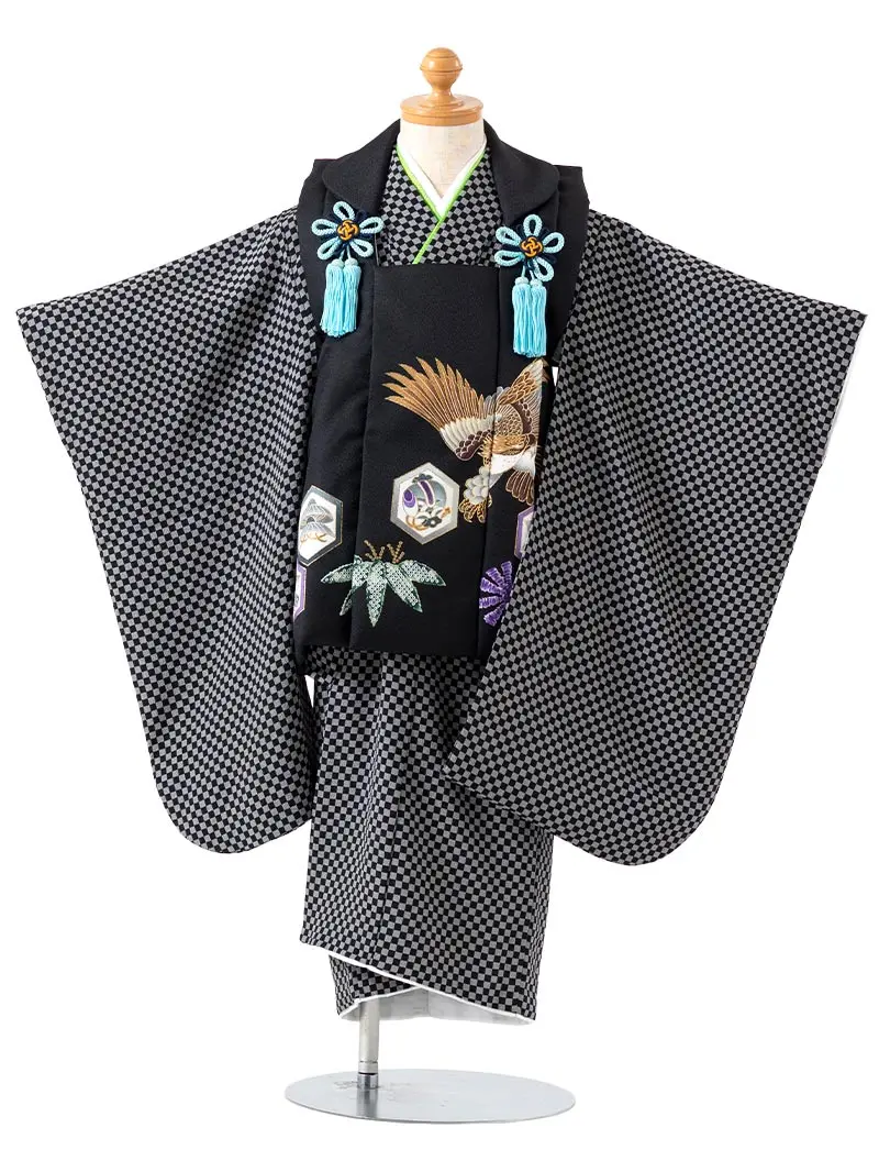 七五三 3歳男児被布 3347 黒市松 鷹