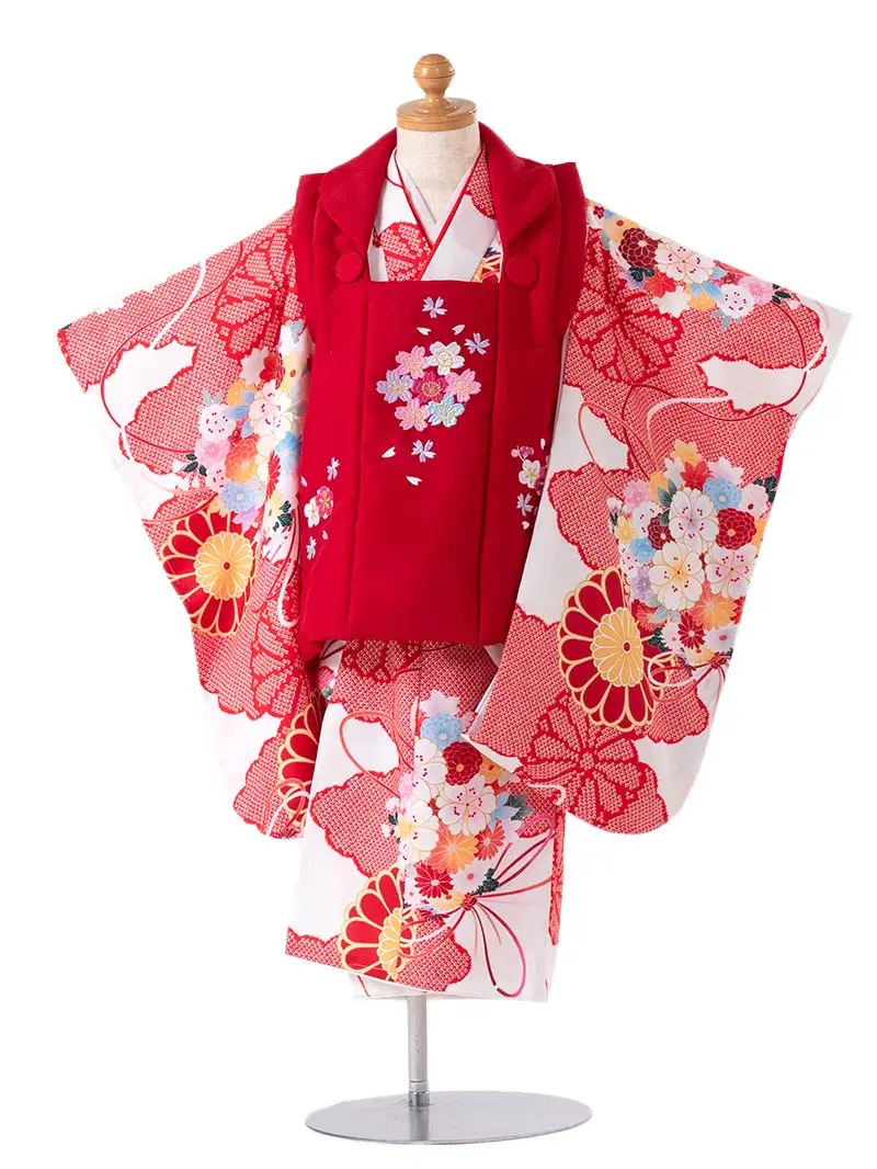 七五三(3歳女被布)3155 白地に雲取り菊と桜