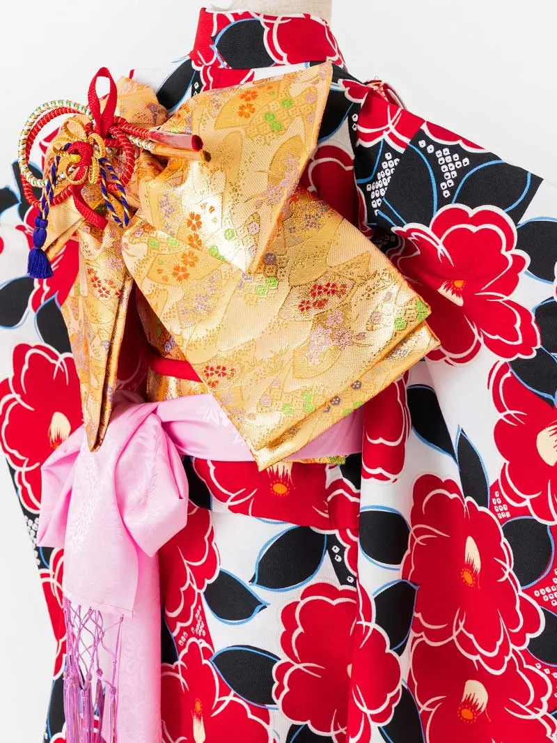 七五三レンタル(7歳女の子結び帯)7059 白地に椿尽くし【帯】白色