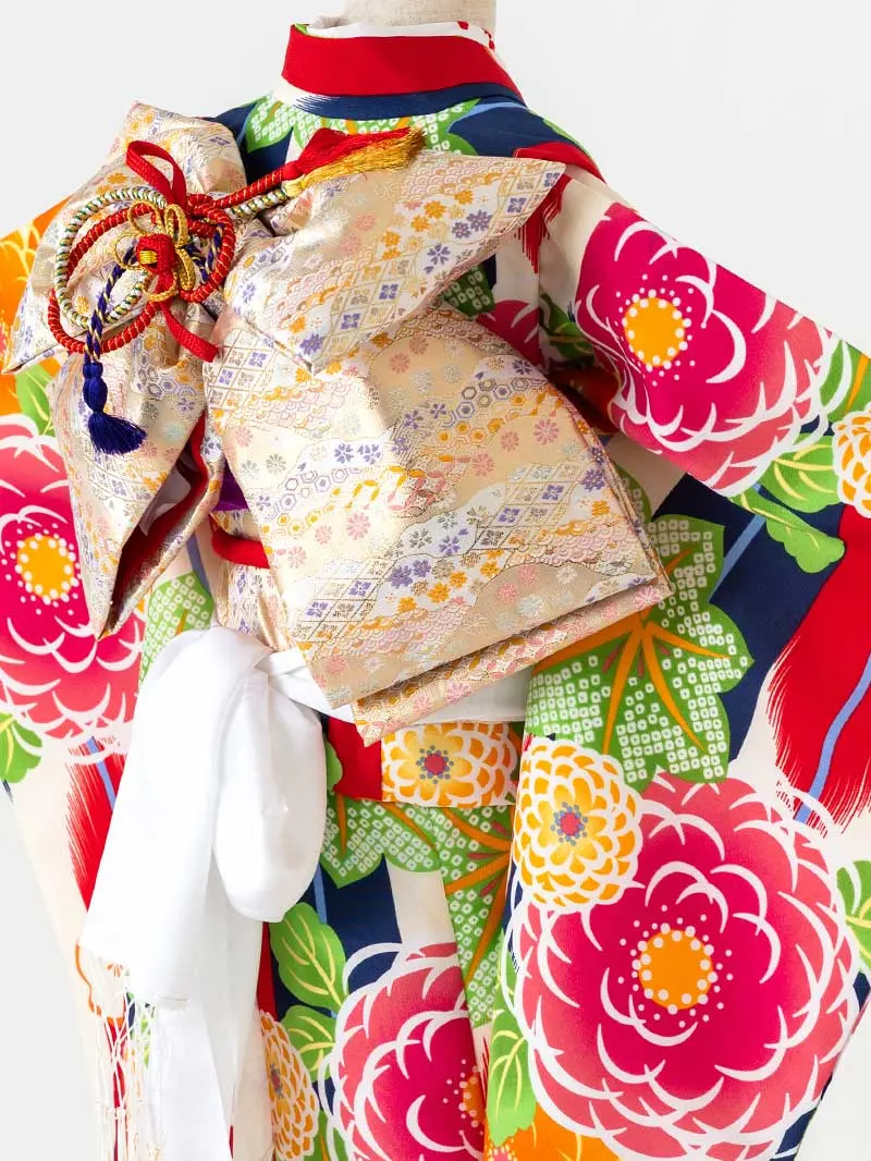 七五三レンタル(7歳女の子結び帯)7061 クリーム地矢羽に万寿菊【帯】金色