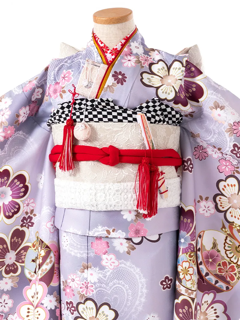 七五三レンタル(7歳女の子結び帯)7209 紫地に桜と鞠