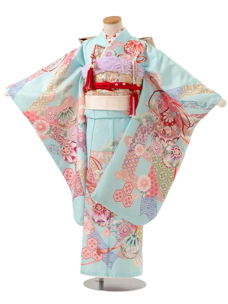 七五三レンタル(7歳女の子結び帯)7222 水色 手毬 桜 牡丹