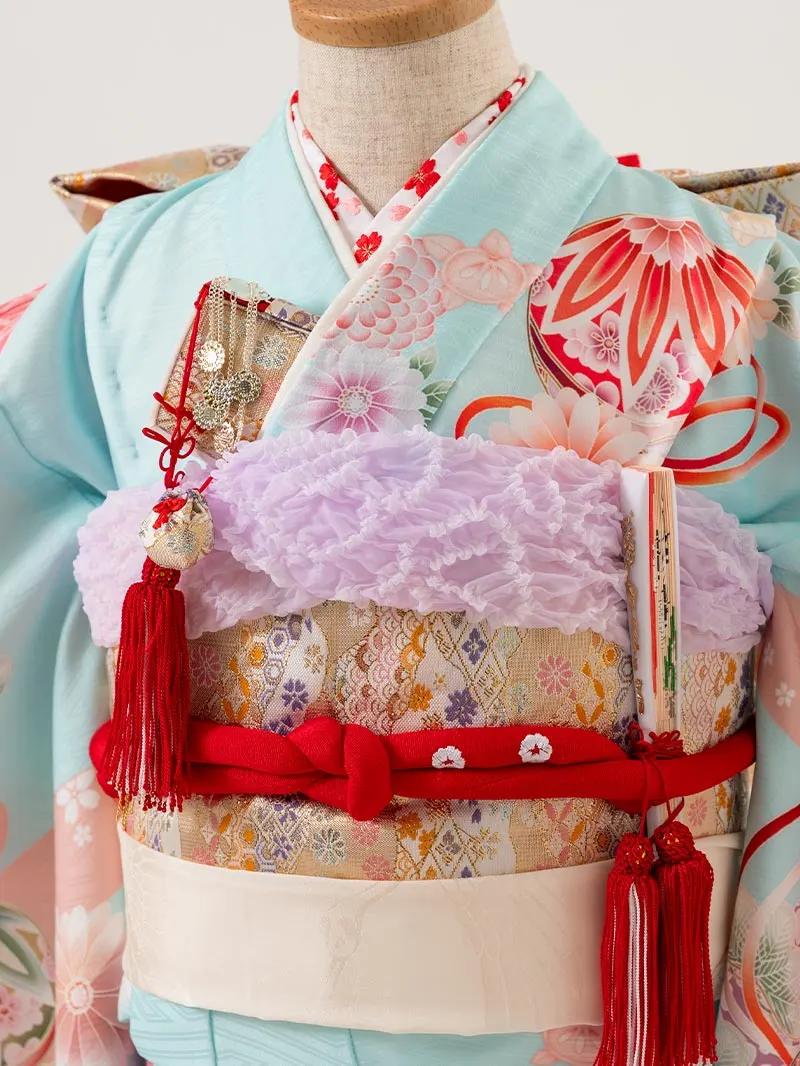 七五三レンタル(7歳女の子結び帯)7222 水色 手毬 桜 牡丹
