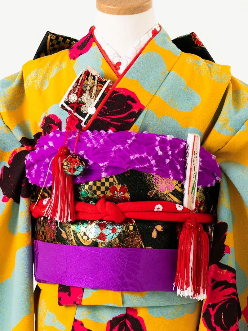 七五三レンタル(7歳女の子結び帯)7224 黄色 薔薇