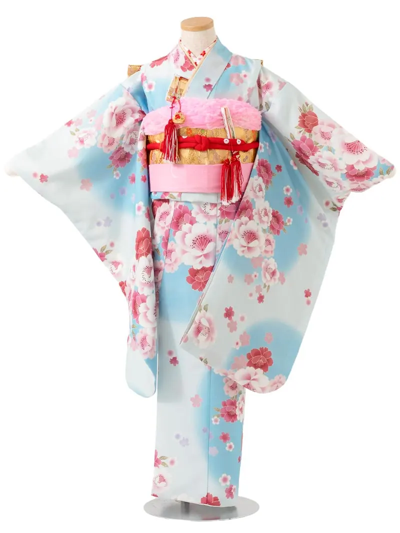 七五三レンタル(7歳女の子結び帯)7227 ブラウン 水色 桜 ボタン