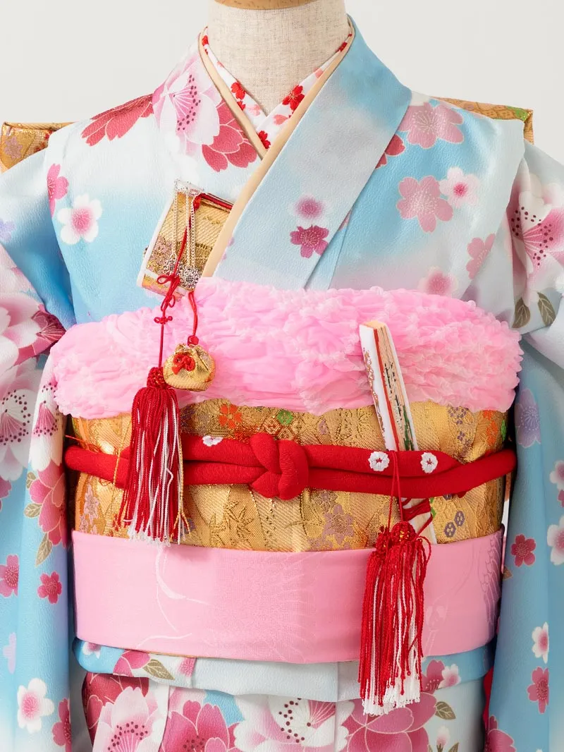 七五三レンタル(7歳女の子結び帯)7227 ブラウン 水色 桜 ボタン