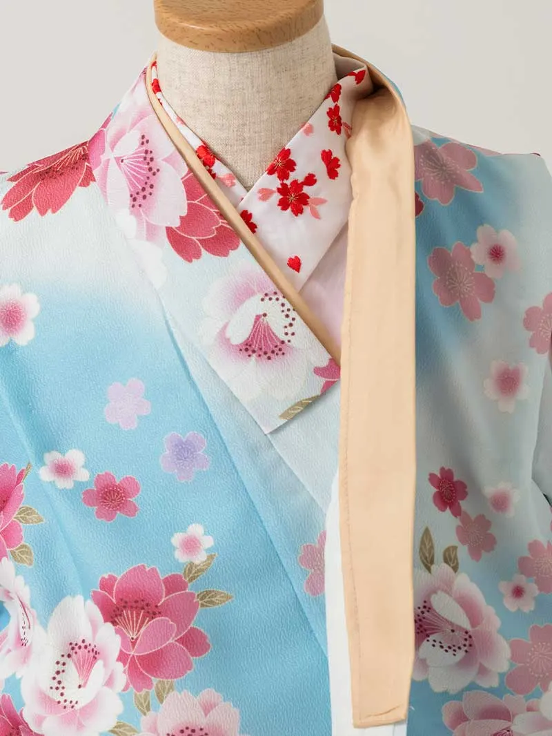 七五三レンタル(7歳女の子結び帯)7227 ブラウン 水色 桜 ボタン