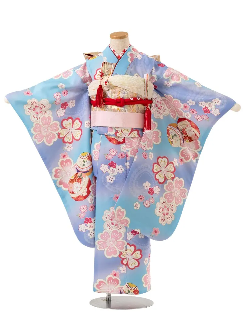 七五三レンタル(7歳女の子結び帯)7231 水色 薄紫 鞠 桜