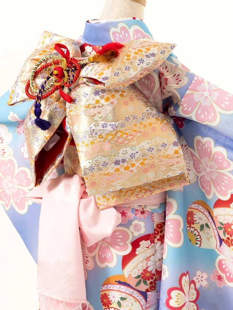 七五三レンタル(7歳女の子結び帯)7231 水色 薄紫 鞠 桜