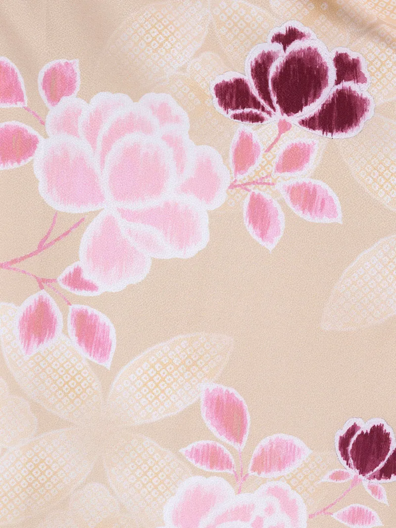 女児袴レンタル(7歳)0097 薄ベージュ地に花＆ピンク色刺繍袴