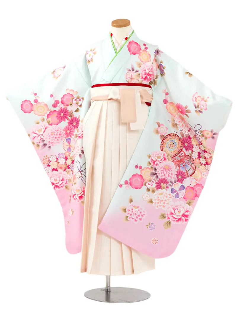 女児袴レンタル(7歳)0098 ミント 鼓 薬玉＆バイカラー袴アイボリー