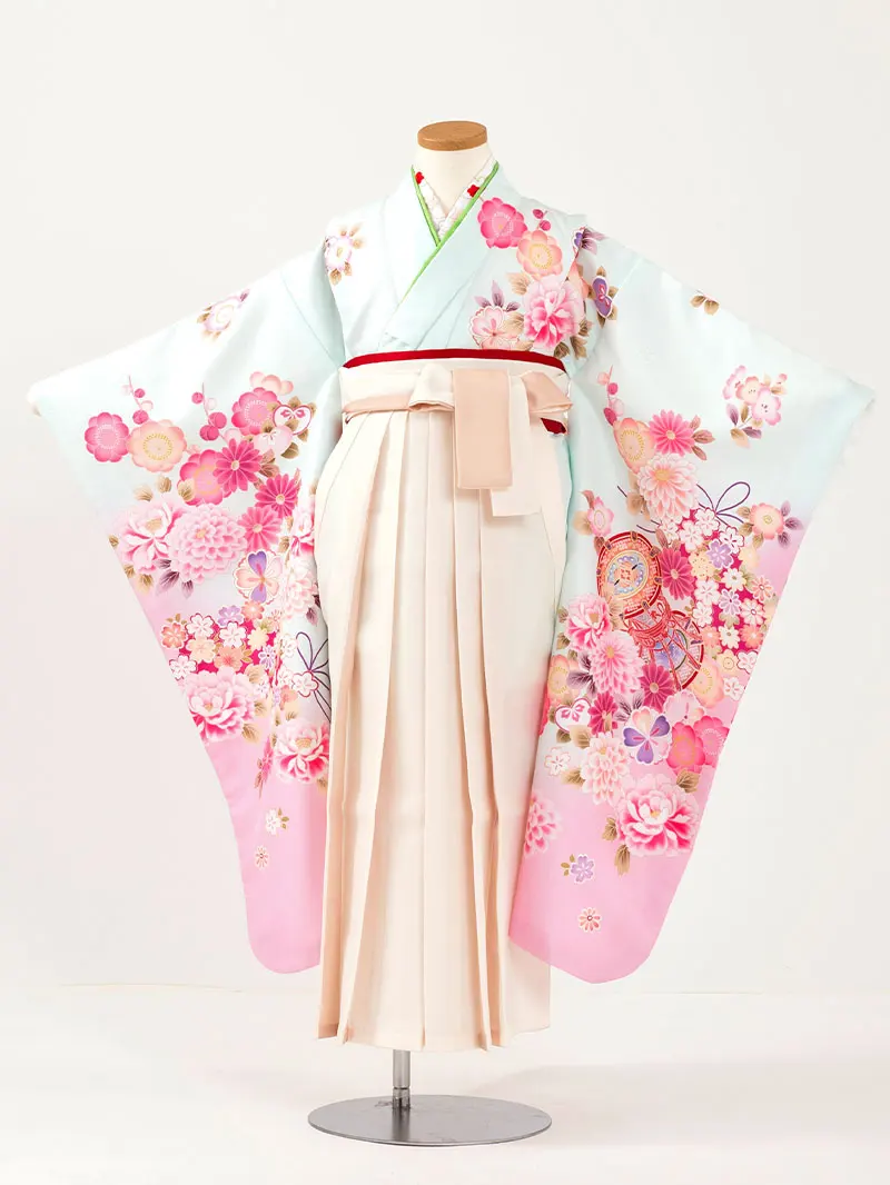 女児袴レンタル(7歳)0098 ミント 鼓 薬玉＆バイカラー袴アイボリー