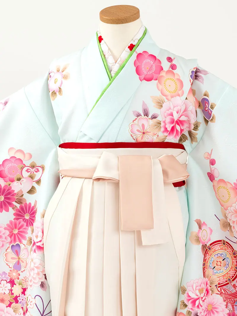 女児袴レンタル(7歳)0098 ミント 鼓 薬玉＆バイカラー袴アイボリー