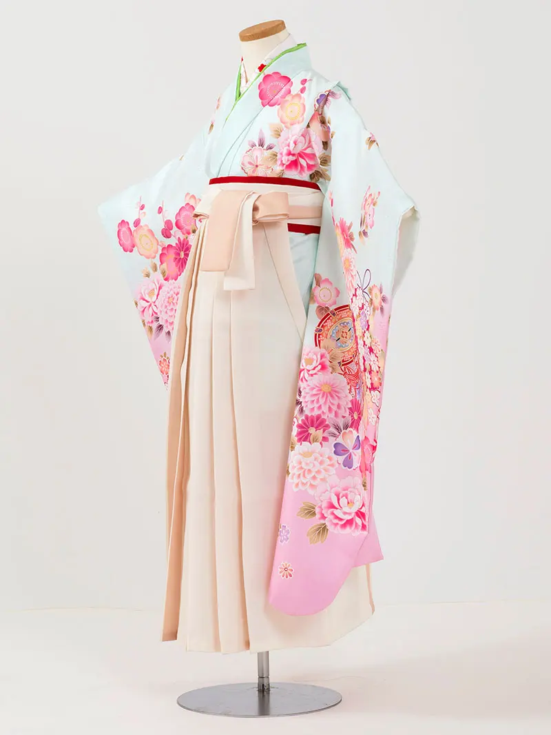 女児袴レンタル(7歳)0098 ミント 鼓 薬玉＆バイカラー袴アイボリー