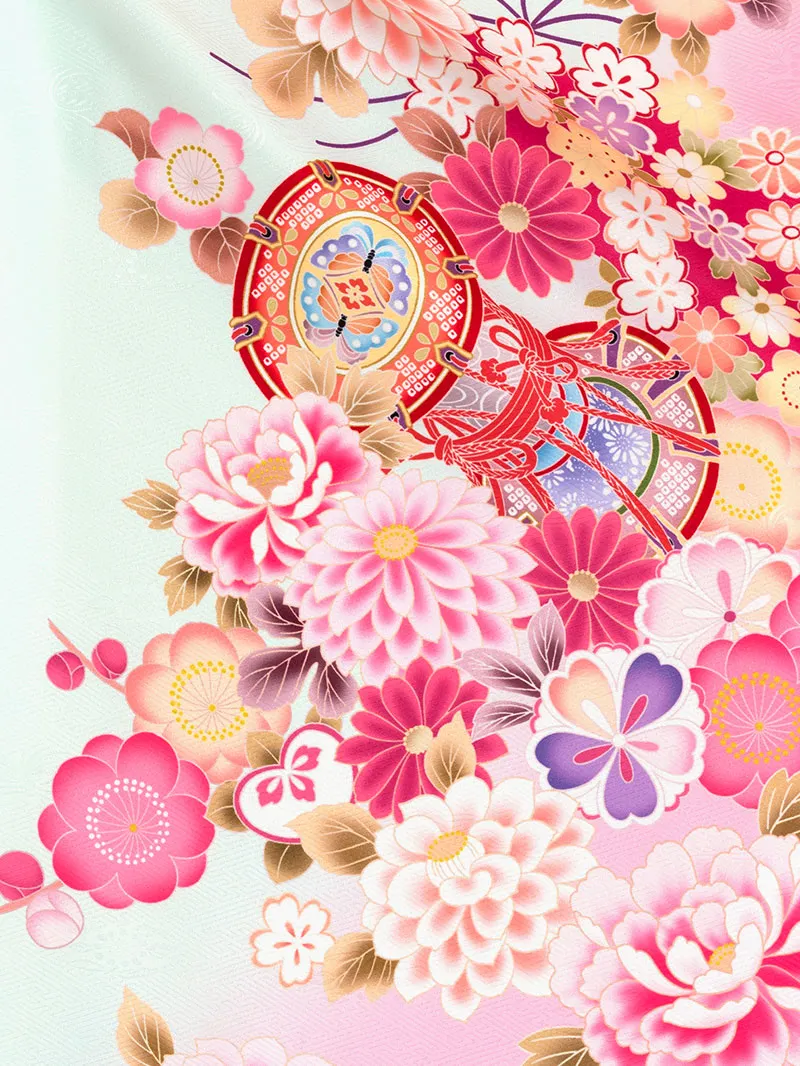 女児袴レンタル(7歳)0098 ミント 鼓 薬玉＆バイカラー袴アイボリー