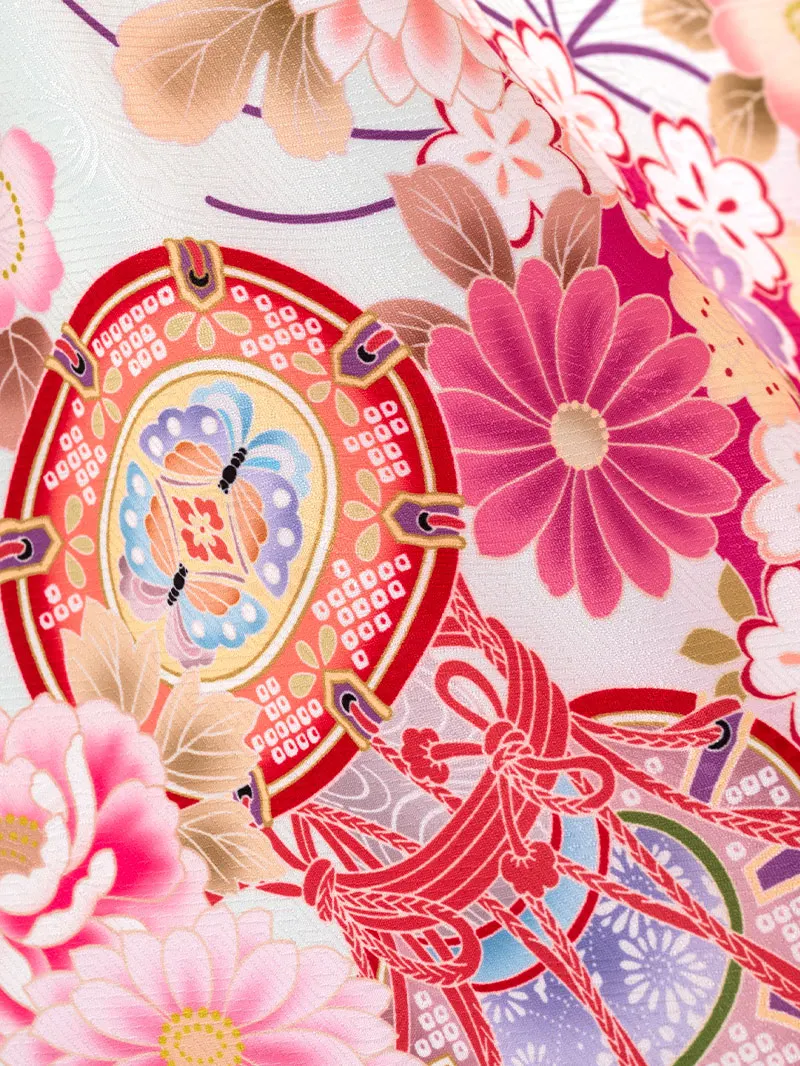 女児袴レンタル(7歳)0098 ミント 鼓 薬玉＆バイカラー袴アイボリー