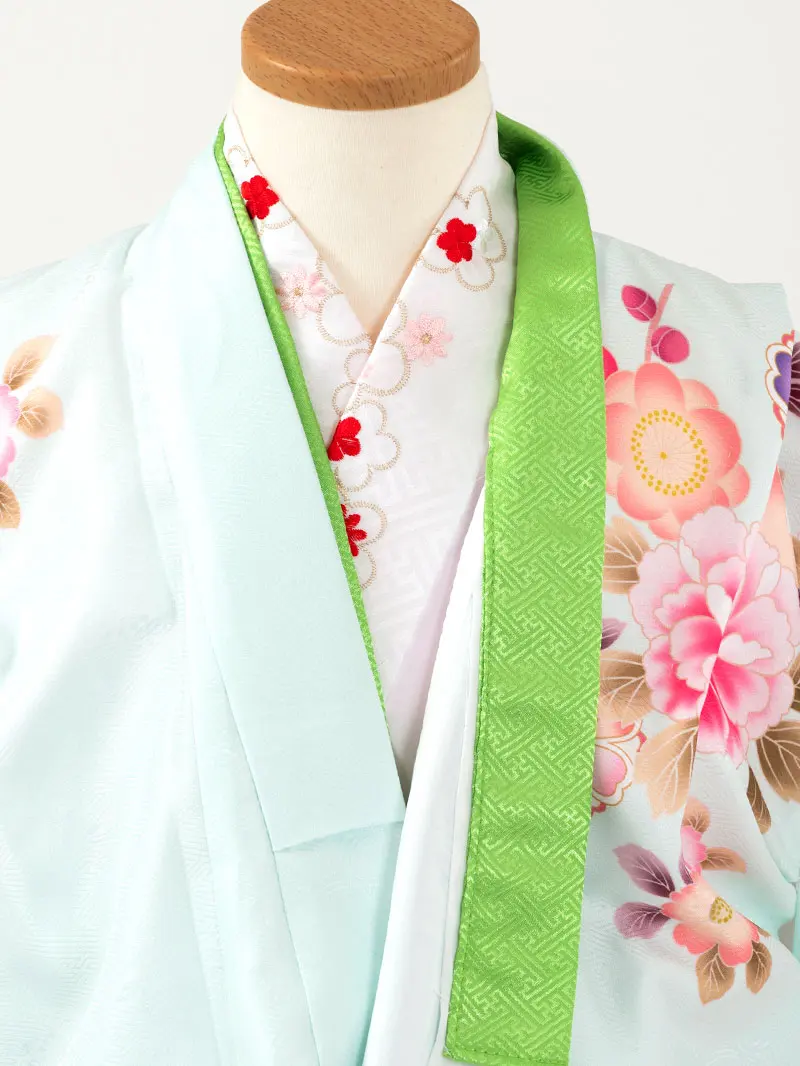 女児袴レンタル(7歳)0098 ミント 鼓 薬玉＆バイカラー袴アイボリー