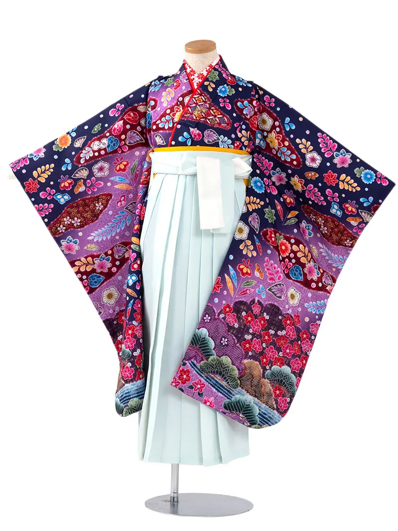 女児袴レンタル(7歳)0099 青紫地に蝶と辻が花風＆バイカラー袴ミント