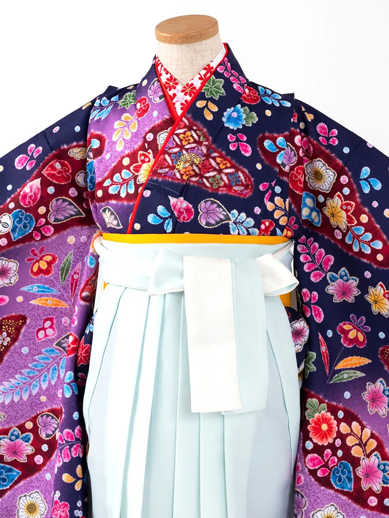女児袴レンタル(7歳)0099 青紫地に蝶と辻が花風＆バイカラー袴ミント