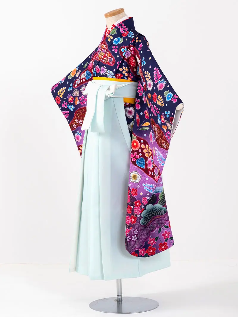 女児袴レンタル(7歳)0099 青紫地に蝶と辻が花風＆バイカラー袴ミント