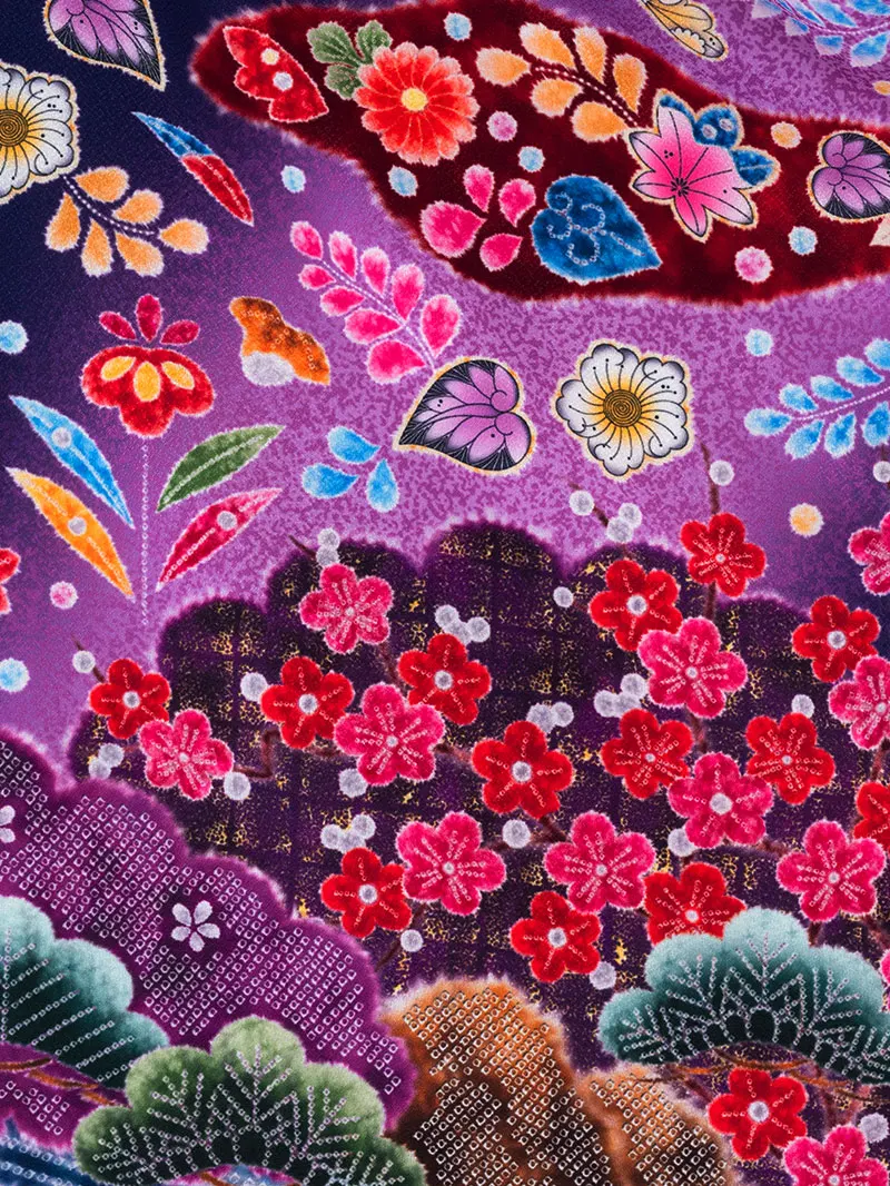 女児袴レンタル(7歳)0099 青紫地に蝶と辻が花風＆バイカラー袴ミント