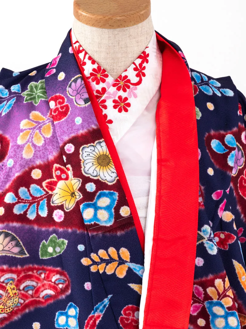 女児袴レンタル(7歳)0099 青紫地に蝶と辻が花風＆バイカラー袴ミント