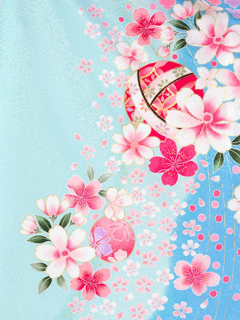 女児袴レンタル(7歳)0100 水色地に鞠と桜＆バイカラー袴アイボリー